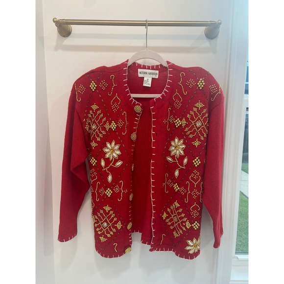 Victoria Harbour Sweaters - Victoria Harbour Vintage Red Beaded Cardigan Sweater Gold Floral Medium